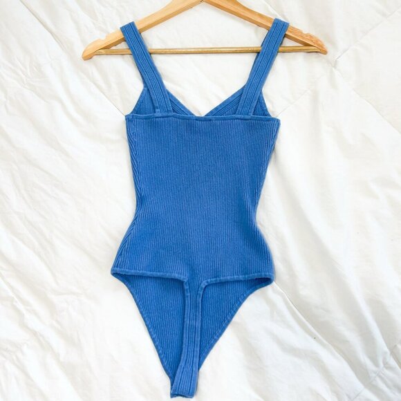 Abercrombie & Fitch Blue Ribbed Knit Bodysuit Women’s Size Small Snap Closure - Picture 2 of 5